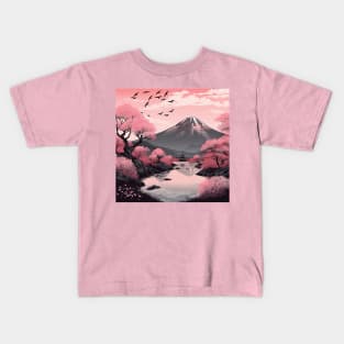 Japanese cherry blossom and Mt. Fuji landscape and pagoda Kids T-Shirt